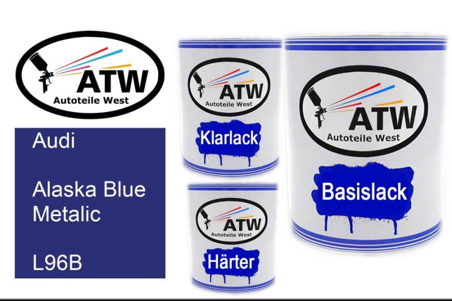 Audi, Alaska Blue Metalic, L96B: 1L Lackdose + 1L Klarlack + 500ml Härter - Set, von ATW Autoteile West.